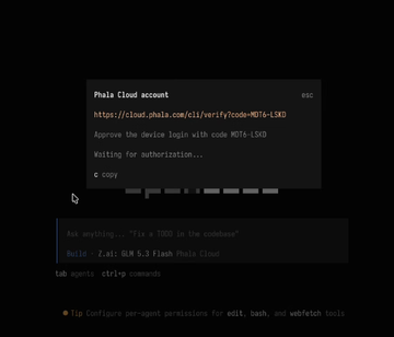 A screenshot of a Phala Cloud account verification prompt displaying the URL 'https://cloud.phala.com/cli/verify?code=MGT6-LSKD' and showing 'Waiting for authorization...' status.