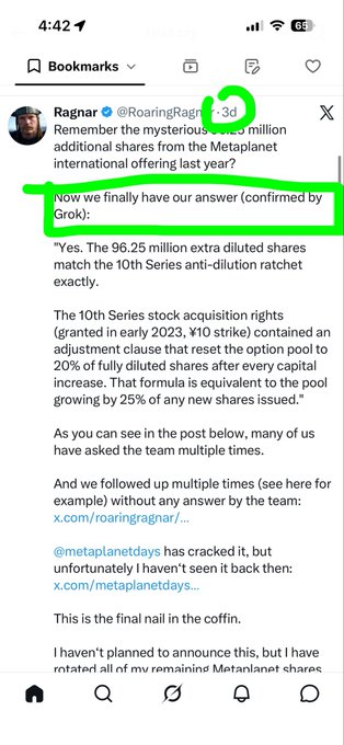 A tweet by @Ragnar/RoaringRagnar dated 3 days ago announces that Grok has solved the mystery of the 96.25 million additional Metaplanet shares, noting that the 10th Series stock acquisition rights grant an adjustment clause resetting the option pool to 20% of fully diluted shares after every capital increase. The accompanying post criticizes @ZynxBTC and RoaringRagnar for seemingly forgetting that this was already explained via @metaplanetdays a year ago after confirmation from Metaplanet's IR team, implying they unnecessarily re-discovered information that had been previously disclosed.