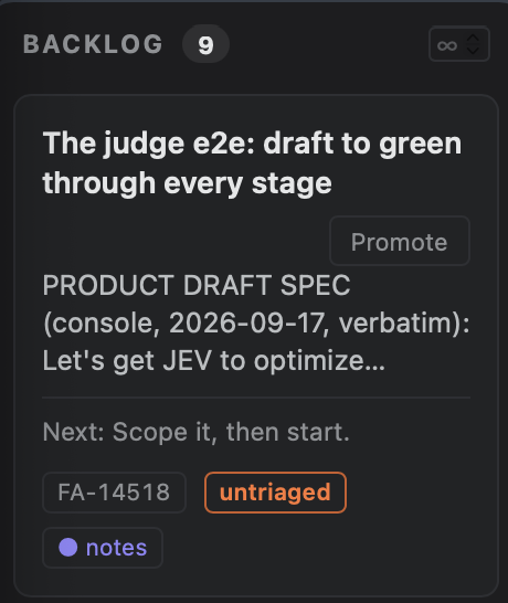 A digital interface card titled 'BACKLOG 9' showing a task 'The judge e2e: draft to green through every stage' with an orange 'untriaged' label.