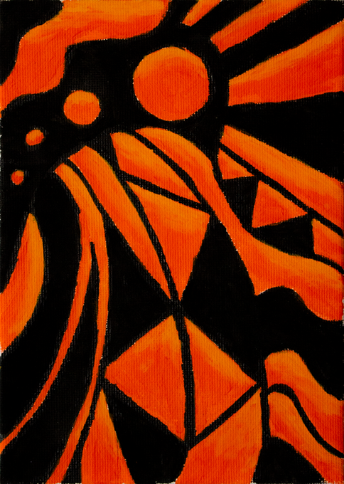 An abstract painting uses bold black and orange shapes to form a stylized figure with radiating sun-like rays.