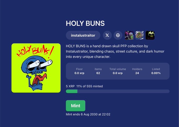A webpage for the 'HOLY BUNS' NFT collection by instalustraitor, featuring a skull with protruding eyes and 62 items with a mint ending on 6 Aug 2030.
