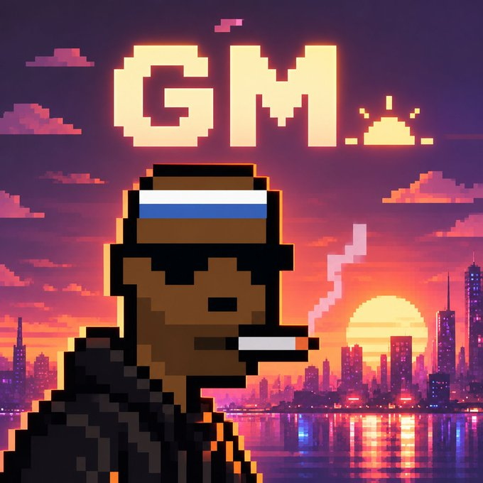 A pixel art image displays the word 'GM' (Good Morning) above a character smoking a cigarette against a vibrant sunset cityscape backdrop with a body of water reflecting the colors.