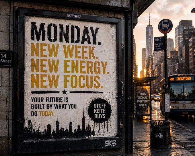 A 'MONDAY. NEW WEEK. NEW ENERGY. NEW FOCUS.' motivational poster attributed to 'STUFF KEITH BUYS' with a city skyline, displayed near a bus stop.