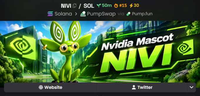 A promotional banner for the Solana-based meme token NIVI ($NIVI/SOL) showcases a green cartoon mascot with leaf-like ears and Nvidia-branded glasses against a futuristic cityscape, with key stats showing a 50% gain, 15 transactions, and 30K market activity, linked via PumpSwap and Pump.fun. The image visually celebrates NIVI's trending status as a Hot Pair on DexScreener, highlighting its Nvidia-inspired branding and strong recent trading momentum.