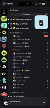 Screenshot of a Discord-like chat interface showing various voice channels and online users including 'Vinter Chat' with members like SirAxe, Ronaxe, and others.