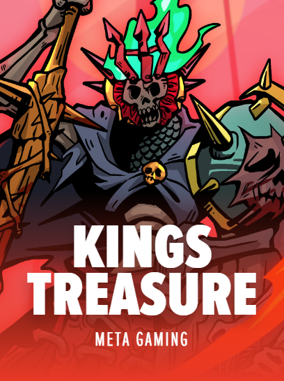 A stylized illustration of a skeletal, crown-wearing warrior king with green flame-like hair, accompanied by the text "KINGS TREASURE" and "META GAMING," promoting a $5,000 giveaway for 10 winners playing the new Kings Treasure game on Meta Gaming's platform.