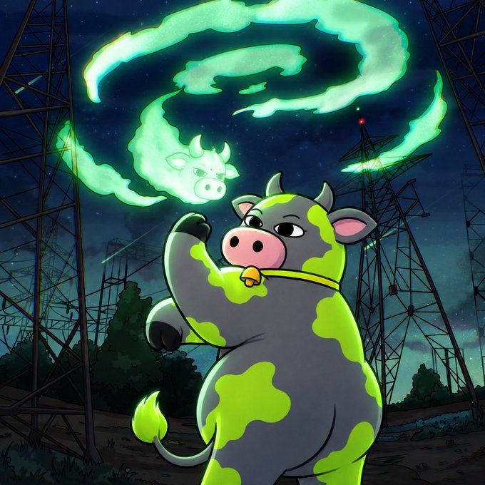 A cartoon cow with green glowing patches conjures a spectral spirit cow in the night sky using green magical smoke, standing among power line towers. The image playfully visualizes the post's "$MOO energy" theme, depicting the cow as a powerful conjurer summoning an ancestral cow spirit to advise buying more, with the eerie industrial backdrop adding to the otherworldly atmosphere.