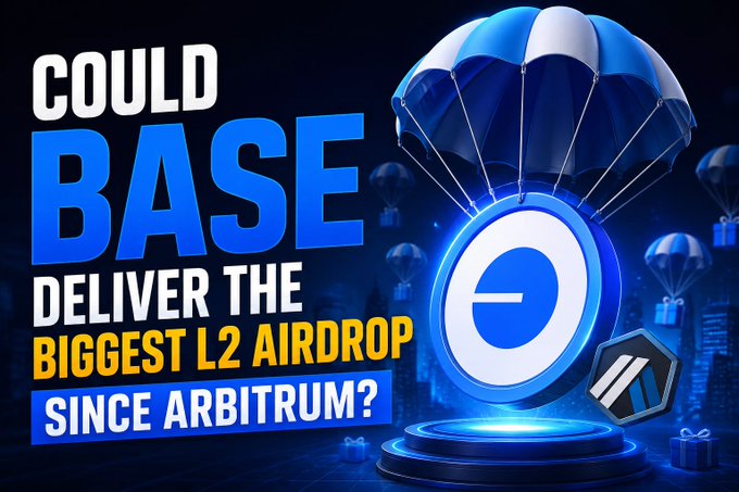 A promotional graphic with text 'COULD BASE DELIVER THE BIGGEST L2 AIRDROP SINCE ARBITRUM?' featuring a parachute dropping a coin with an 'e' symbol, set against a dark blue background.