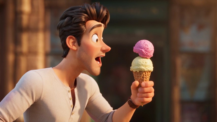 A Pixar-style 3D animated man with brown hair and a light henley shirt stares with wide eyes and an open mouth at a waffle cone holding two scoops of ice cream, pink on top and pale yellow below.