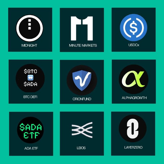 A grid of nine crypto project logos on a teal background, featuring Midnight, Minute Markets, USDCx, BTC Defi ($BTC↔$ADA), OrionFund, AlphaGrowth ($α), ADA ETF ($ADA ETF), Leios, and LayerZero—visually highlighting the multiple upcoming developments across the Cardano ecosystem mentioned in the bullish post.