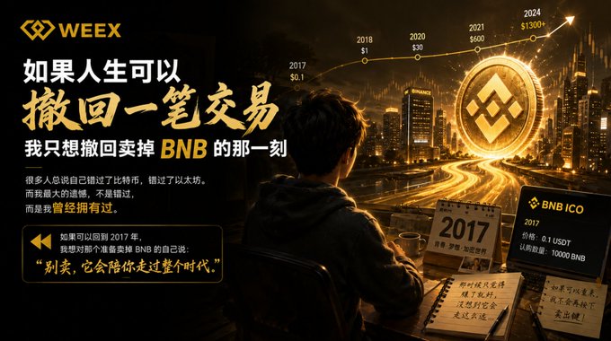 A Chinese promotional graphic for WEEEX exchange featuring BNB (Binance Coin), showing a timeline of BNB's price growth from $0.1 in 2017 to $1300+ in 2024, with the headline '如果人生可以撤回一笔交易 我只想撤回卖掉BNB的那一刻' (If life could undo one trade, I'd undo the moment I sold BNB).