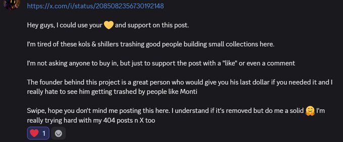 A social media post asking for likes and support, expressing frustration with 'kols & shillers' and defending a project founder from critics like Monti.