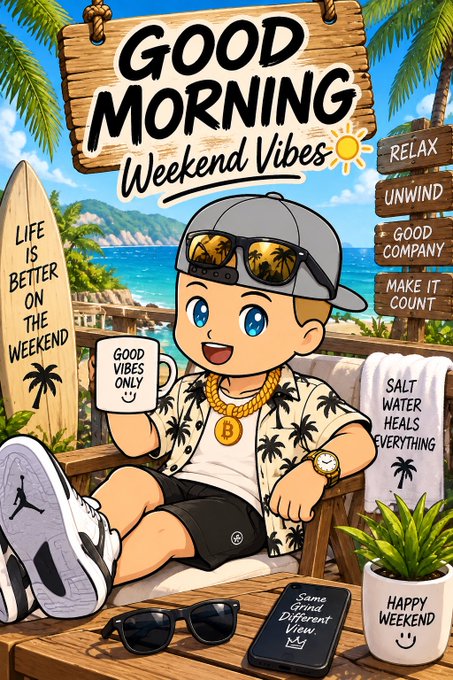 A vibrant cartoon-style 'Good Morning Weekend Vibes' illustration features a chibi character in palm-tree print shirt and cap, surrounded by beach decor and motivational signs including 'LIFE IS BETTER ON THE WEEKEND' and 'RELAX UNWIND GOOD COMPANY'.