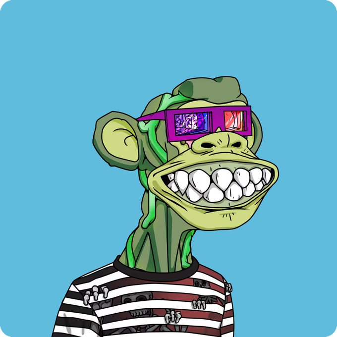 The image features a cartoon monkey wearing glasses, sunglasses, and a striped shirt with a collar. The monkey has a big smile on its face and appears to be happy or excited about something. The caption below the image reads "After a lot of research, scrolling, second-guessing, and comparing more Mutants than I'd like to admit... I've never been happier to be part of the NFT community".