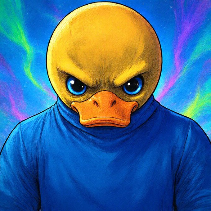 A colorful illustration of a yellow duckling with a serious expression, wearing a blue sweater against a vibrant, swirling blue and purple background.