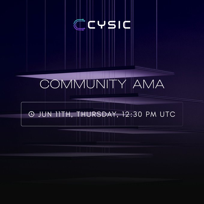 The image features a purple background with white text that reads "cyisc Community Ama" at the top, followed by a list of dates for an upcoming AMA event. The date is listed as "Jun 11th, Thursday, 12:30 PM UTC". There are also some numbers and words related to the event in the image.