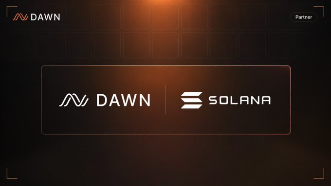 A promotional graphic displays the "DAWN" logo alongside the "SOLANA" logo within a dark, orange-tinted frame, highlighting their partnership. The image visually reinforces the announcement of DAWN's USD.infra Vault launching on Solana to tokenize real-world connectivity assets.