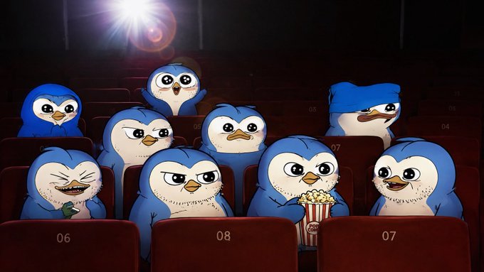 A group of cartoon blue penguins, representing the Pudgy Penguins NFT collection, sit in a movie theater with seat numbers 06, 07, and 08 visible, illuminated by a projector light. The image playfully mirrors the caption's mention of "robinhood NFTs are both sided," depicting a diverse audience of penguins with varying expressions—some cheerful with popcorn, others looking grumpy or indifferent—symbolizing the mixed fortunes of NFT investors during the August "Kaito katalyst" campaigns on MEXC and Axisrobot.
