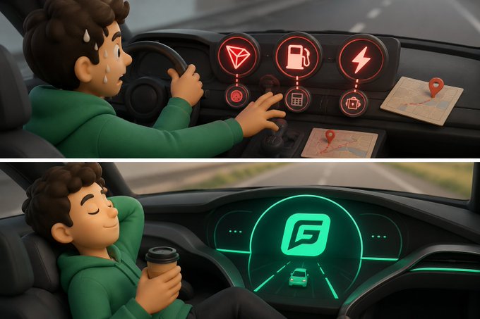 A two-panel 3D illustration contrasting a stressed driver overwhelmed with navigation and fuel icons on the dashboard with a relaxed passenger enjoying a coffee while an autonomous green navigation system drives the car.