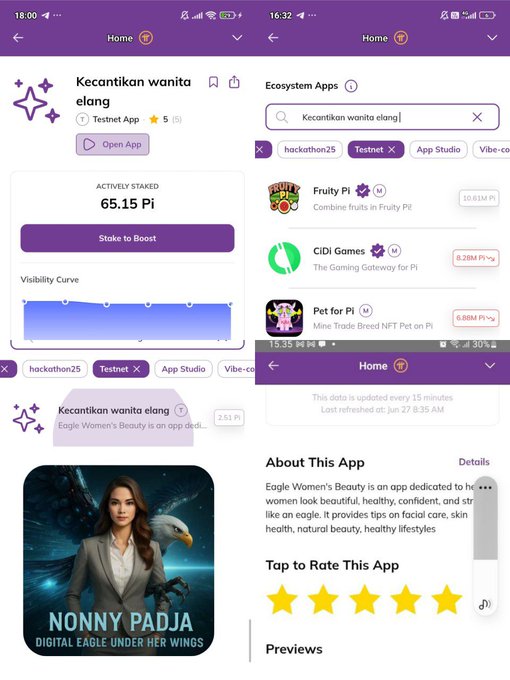 The image shows multiple screenshots of a Pi Network app store page featuring "Keccantikan wanita elang" (Eagle Women's Beauty), which has a 5-star rating from "Testnet App" with 65.15 Pi actively staked, alongside other Pi ecosystem apps like Fruity Pi, CiDi Games, and Pet for Pi. The promotional imagery showcases "NONNY PADJA - Digital Eagle Under Her Wings" with a description emphasizing women's beauty, health, and lifestyle, supporting the post's request for pioneers to contribute to the Pi ecosystem by rating the app.