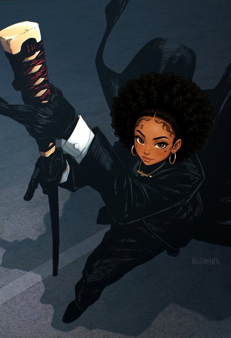 An illustration of a woman with a large afro hairstyle wearing a black suit, holding a sword or cane with a red-laced handle, viewed from an overhead angle.