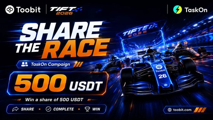A promotional banner for Toobit's "Share the Race" TaskOn campaign featuring a blue Formula 1-style race car with "Toobit 26" branding, advertising a chance to win a share of 500 USDT through TaskOn activities.

The image supports the accompanying post by visually highlighting the campaign's key details—the "500 USDT" prize pool, TaskOn Campaign participation, and Toobit's racing-themed branding—while reinforcing the call-to-action steps: Share, Complete, and Win.