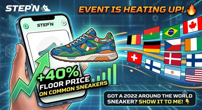 The image features an advertisement for StepN sneakers that showcases a new model available for sale, with two different types of sneakers displayed against each other. The text in the image suggests that there will be an event related to these sneakers where they are being sold at a discounted price of 40% floor price. This promotion is aimed at attracting sneaker enthusiasts and promoting their brand by connecting it with a global community interested in sports and fashion trends, specifically focusing on common sneakers from around the world.