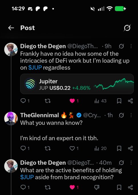 A mobile screenshot of a social media post where user 'Diego the Degen' discusses the $JUP token (Jupiter) which is priced at US$0.22 with a +4.86% change, later asking about the benefits of holding it.