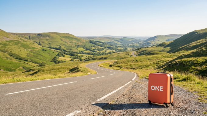 An orange suitcase labeled "ONE" sits on a winding rural road, visually echoing the post's message that the traveler carries only the essentials they truly need—no car, just the one that matters.