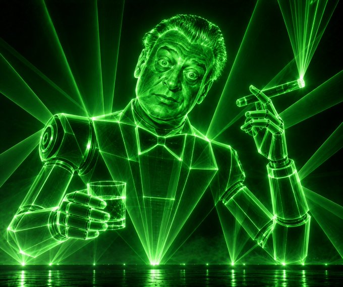 A retro-futuristic green laser projection depicts a man in a tuxedo and bowtie holding a cigar and a glass, resembling the 'Three Laws of Robotics' illustration.