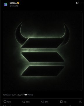 A screenshot of a Solana (@solana) social media post showing a dark image of the stylized 'S' Solana logo with glowing edges, dated 1:26 AM July 4, 2026, with 1M views.