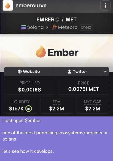 A screenshot of a token tracker showing "embercurve" (EMBER/MET on Solana via Meteora) with a price of $0.00198, $157K liquidity, and a $2.2M market cap. The post celebrates calling $EMBER early at that $2.2M market cap before it ran to $45M+, showcasing this image as evidence of the early entry point.
