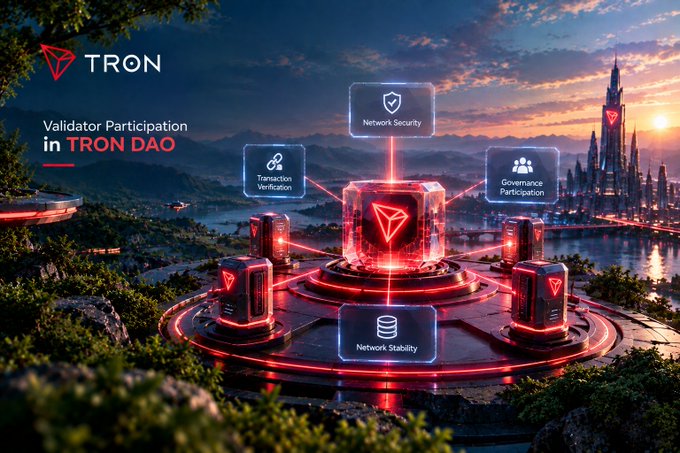 A promotional graphic for TRON titled "Validator Participation in TRON DAO," featuring a futuristic glowing red pedestal highlighting Network Security, Transaction Verification, Governance Participation, and Network Stability.