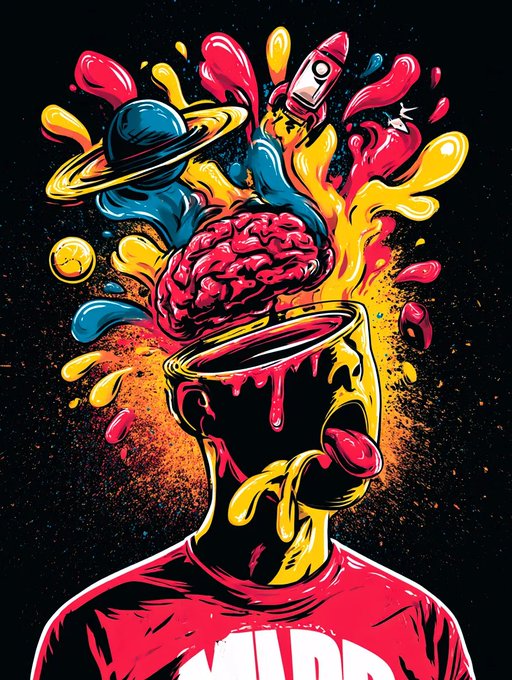 A vibrant, psychedelic illustration of a person with an exposed brain as the top of their head, surrounded by colorful splashes, a Saturn-like planet, a rocket, and a star against a black background.
