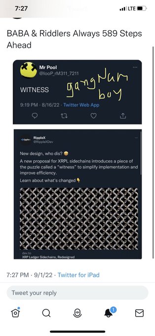 A mobile phone screenshot of Twitter shows a quote tweet by 'Mr Pool' (@pool_rM311_7211) with handwritten text saying 'ganglum boy', commenting on a 'RippleX' post about a new 'witness' design for the XRPL sidechain.