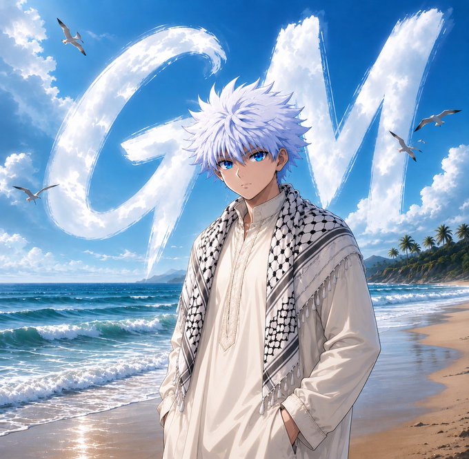 An anime-style character with spiky white hair and blue eyes wearing a white robe and patterned scarf stands on a beach, with the large letters 'GM' formed from clouds in the sky behind him.