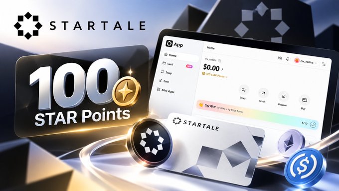 A promotional image for Startale highlighting a reward of "100 STAR Points" alongside a mobile app interface showing a wallet balance of $0.00 with options to Swap, Send, Receive, and Buy.