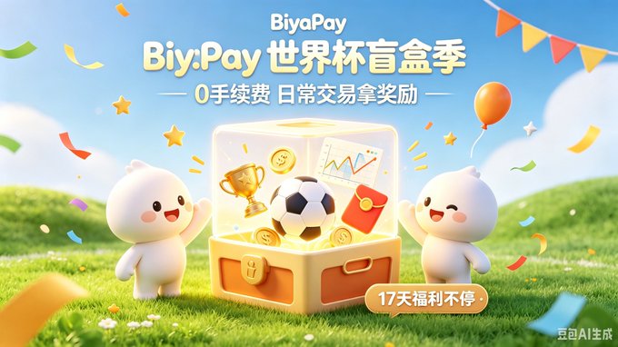 A cheerful promotional graphic for BiyaPay's World Cup event features two cute white mascot characters in a grassy field with confetti, opening a treasure chest filled with a trophy, soccer ball, gold coins, and a red envelope, alongside text reading "BiyaPay 世界杯盲盒季" (BiyaPay World Cup Blind Box Season), "0手续费 日常交易拿奖励" (Zero fees, earn rewards on daily trades), and "17天福利不停" (17 days of continuous rewards), directly illustrating the post's announcement of BiyaPay's zero-fee World Cup trading event with mystery box rewards.