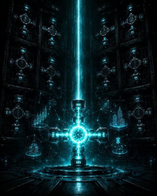 A futuristic sci-fi digital artwork features a glowing cyan energy beam in the center of a dark mechanical chamber, surrounded by holographic data displays and futuristic architecture.