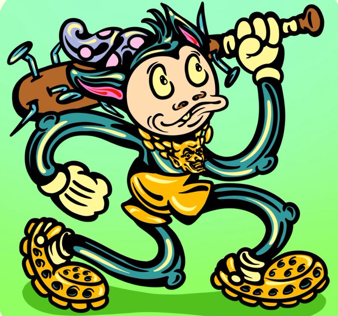 A colorful, surreal cartoon illustration of an anthropomorphic figure with mismatched animal and human features, wearing yellow shorts and large shoes, holding objects above its head against a green background.