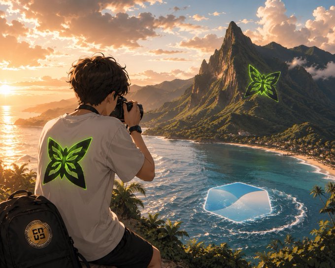 An anime-style image of a photographer overlooking a tropical coastal landscape at sunset, with a green butterfly logo floating in the scene.