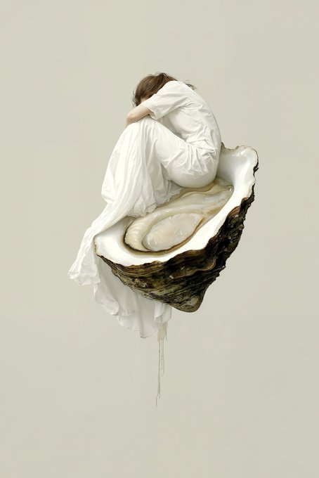The image features a girl sitting inside an oyster shell, which is floating in mid-air against a white background. The caption below the image reads "A Girl is A Pearl 7/10".