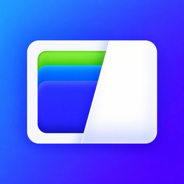 An app icon featuring a stylized wallet or card design with green and blue accents on a purple background.