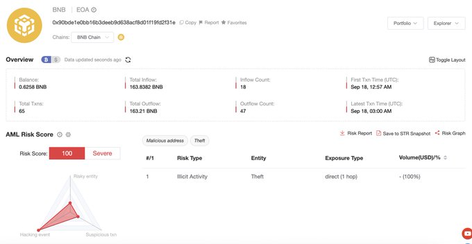 A blockchain analytics dashboard for a BNB/EGA token showing an AML Risk Score of 100 (Severe) due to illicit activity from 'Theft', with a total inflow/outflow of approximately 163.8 BNB.