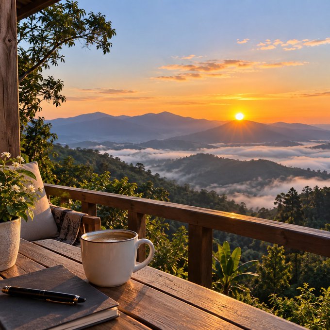 A scenic view from a wooden balcony overlooking mist-covered valleys and mountains, featuring a warm sunset, a cup of coffee, a notebook, and a pen in the foreground.