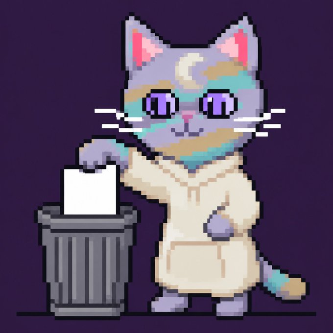 A pixel art illustration of a pastel-colored cat with purple eyes and a crescent moon marking on its forehead, wearing a cream-colored robe and tossing a piece of paper into a gray trash can against a dark purple background.