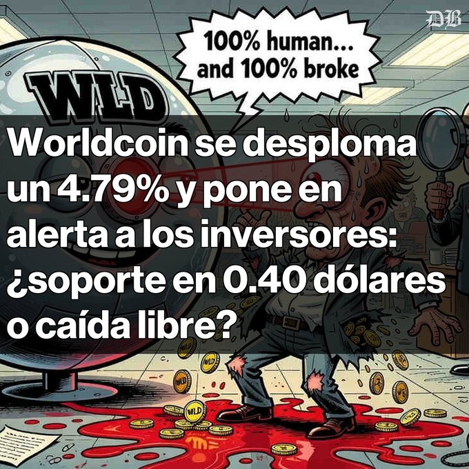 This image features a satirical cartoon of a disheveled man standing in a pool of blood with falling coins, overlaid with text about the cryptocurrency Worldcoin (WLD) plummeting by 4.79% and questioning if it will find support at $0.40 or continue a freefall. The meme's text, "100% human... and 100% broke," humorously highlights the financial losses associated with the price drop described in the post.