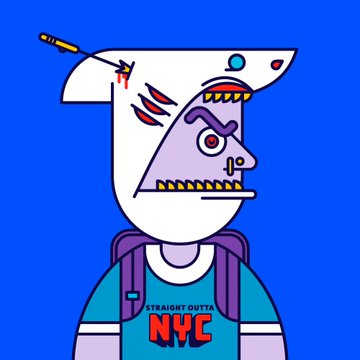 A digital illustration of a purple cartoon character wearing a 'STRAIGHT OUTTA NYC' shirt, featuring a syringe, a third eye, and a hat pierced by a bullet against a blue background.