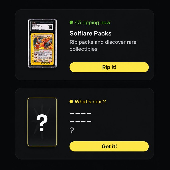 A dark-themed digital interface showing a graded and encapsulated Charizard Pokémon card with options to 'Rip it!' and 'Get it!' under 'Solflare Packs'.