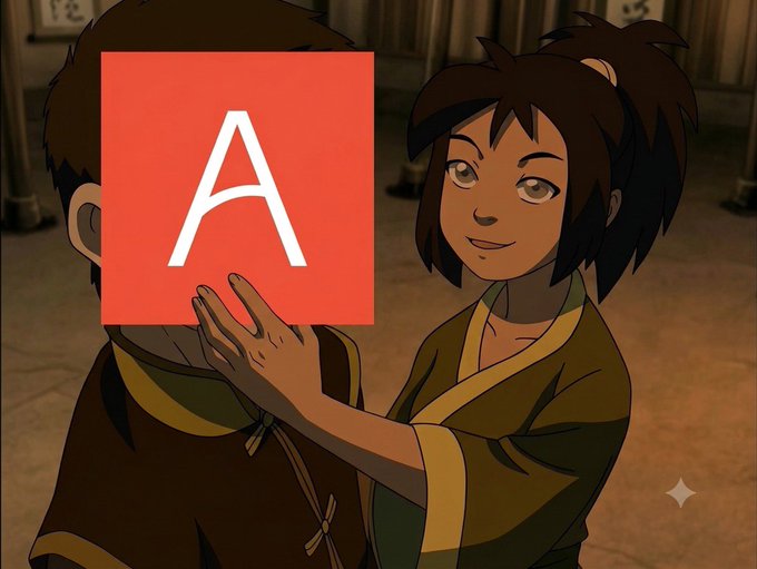 An animated scene featuring a smiling girl with dark hair in a ponytail touching the face of another character, with a red Adobe Animate "A" logo prominently overlaid in the center.